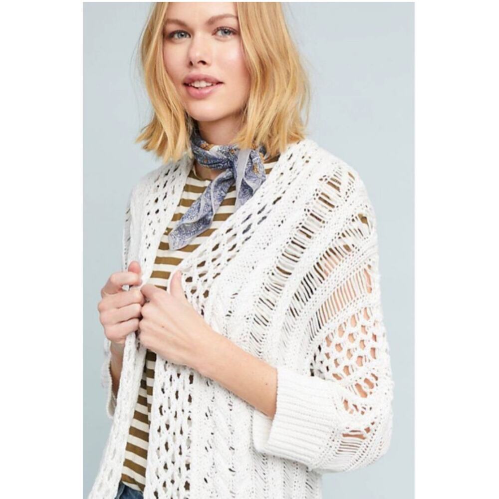 Anthropologie Moth SX White Crochet Knit Cardigan Open Front Short Sleeve Boho